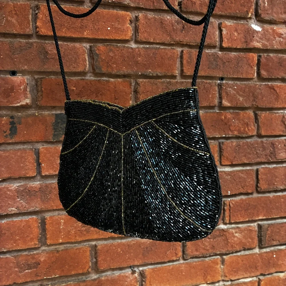 Henry Birks Vintage Beaded Evening Bag Black Hand-Beaded Purse Formal Cocktail - Picture 1 of 16